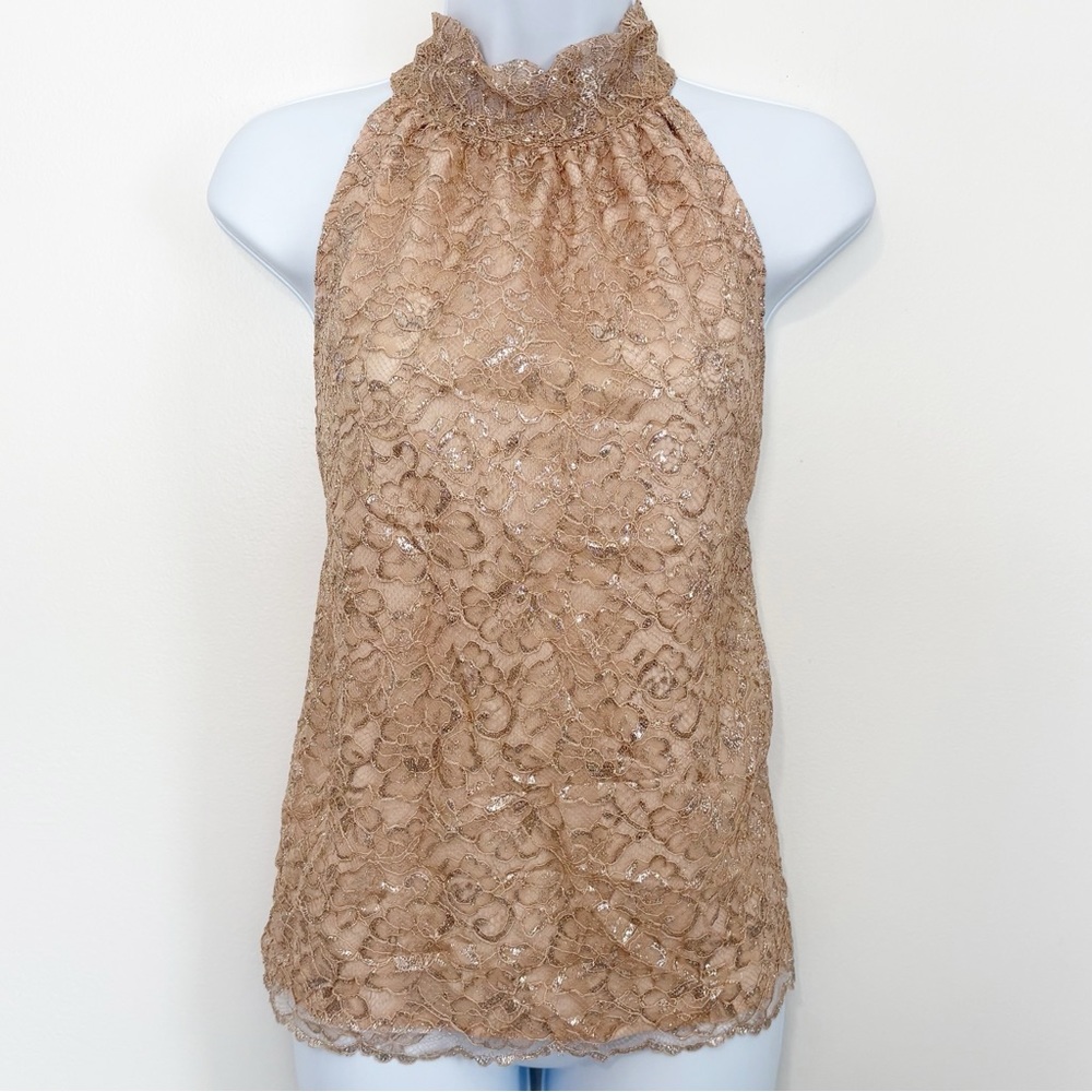 J. CREW Rose Gold Metallic Lace Halter Top Tie Neck Blouse Party Occasion Small - Picture 2 of 8